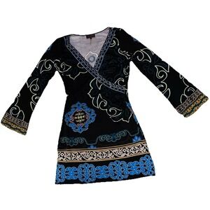 Hale Bob Designer Sz S Dress‎ Black Multicolor Long Sleeve 100% Silk Embroidery